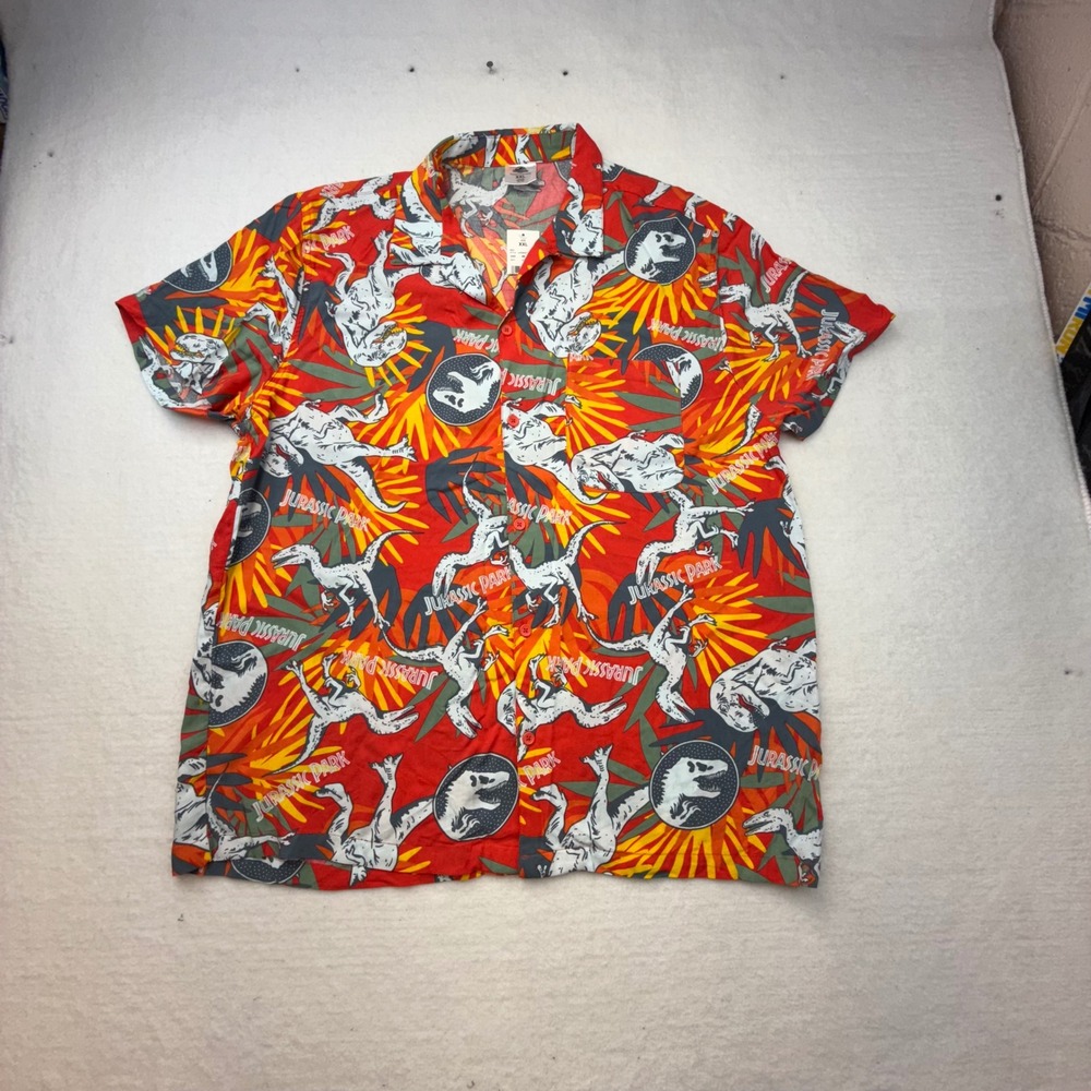 Jurassic Park Shirt XXL Mens Dinosaur Print  red orange gray‎ button up
